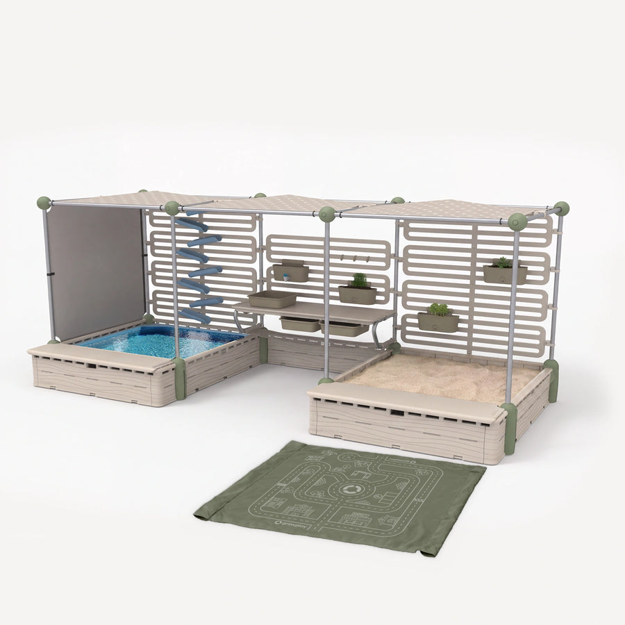 Three Play Modules joined together: sandpit, mud kitchen and paddling pool