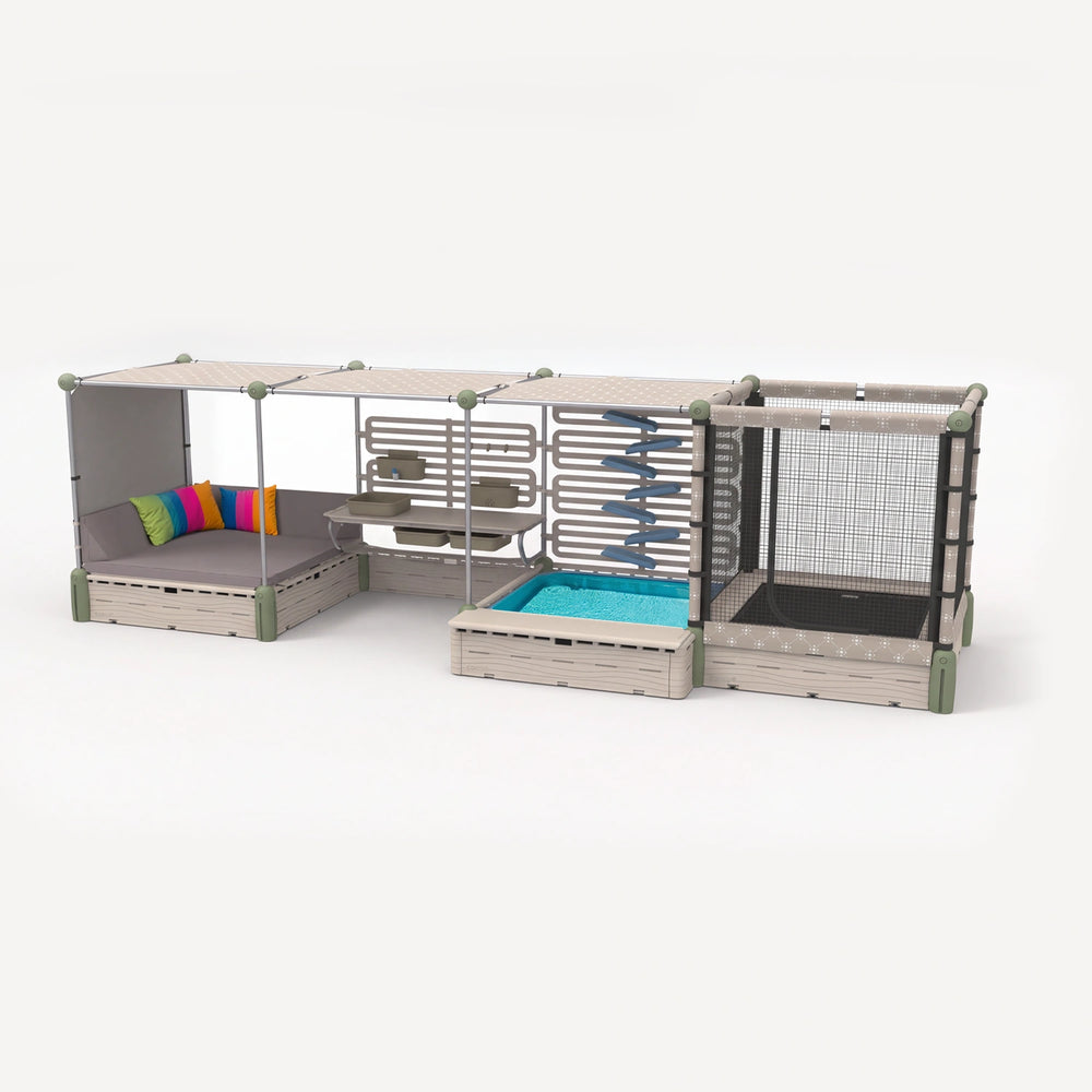 Growplay Junior 4.3 playset with 
Mud Kitchen, 
Paddling Pool, 
Day Bed, 
Trampoline