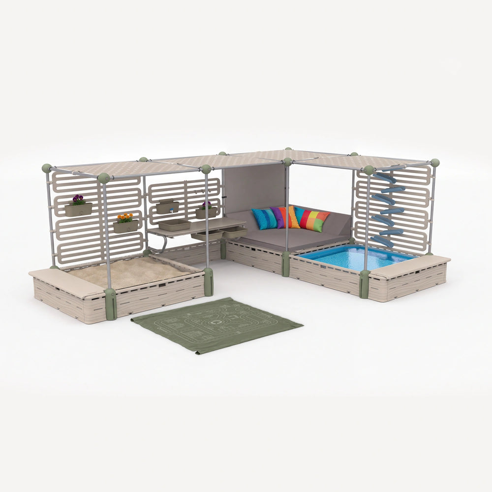 Growplay Junior 4.1 playset with 
Sandpit, 
Mud Kitchen, 
Paddling Pool, 
Day Bed