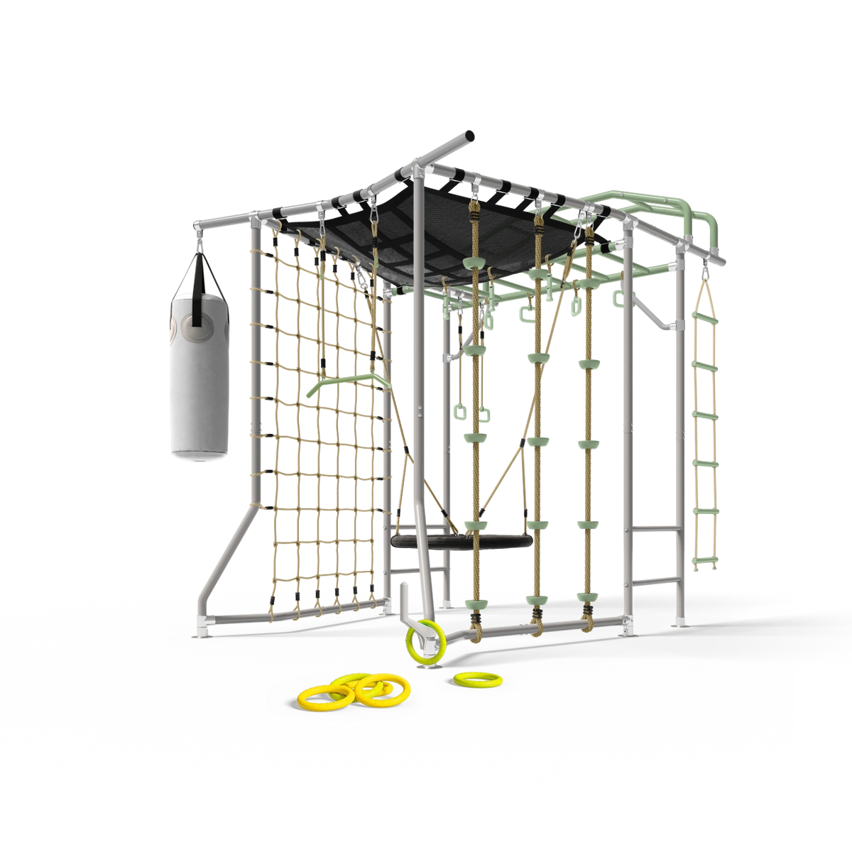An outdoor climbing gym structure with a white metal frame, black canopy roof, green climbing holds, a beige rope net, a hanging gray punching bag, and yellow rings on the ground, isolated on a white background.