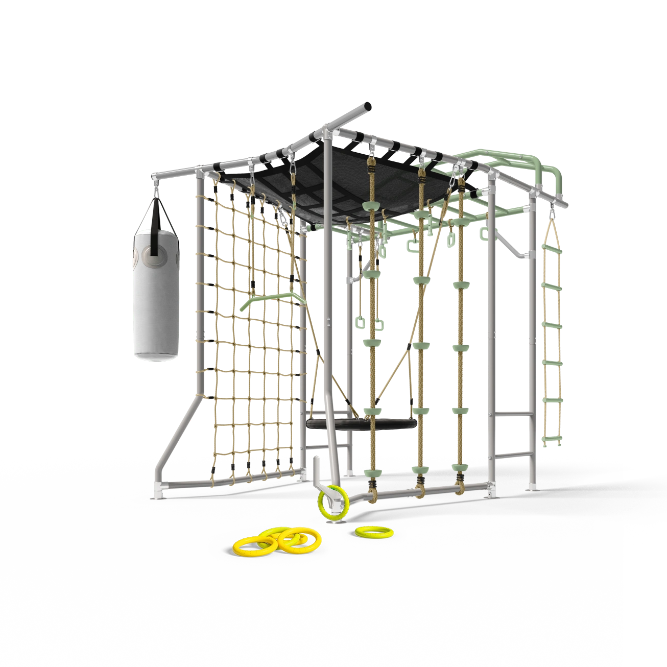An outdoor climbing gym structure with a white metal frame, black canopy roof, green climbing holds, a beige rope net, a hanging gray punching bag, and yellow rings on the ground, isolated on a white background.