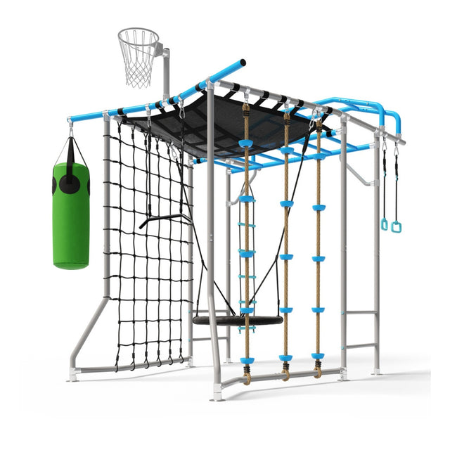 The Compact in blue fitted with add-ons including a Ninja Net, Net Swing, Boxing Bag and netball ring