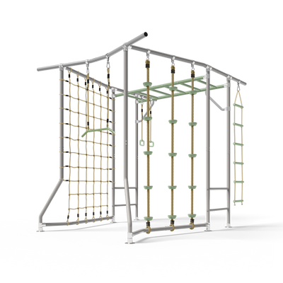 The Compact in green with cargo net, jungle ropes, rope ladder and gymnastics rings