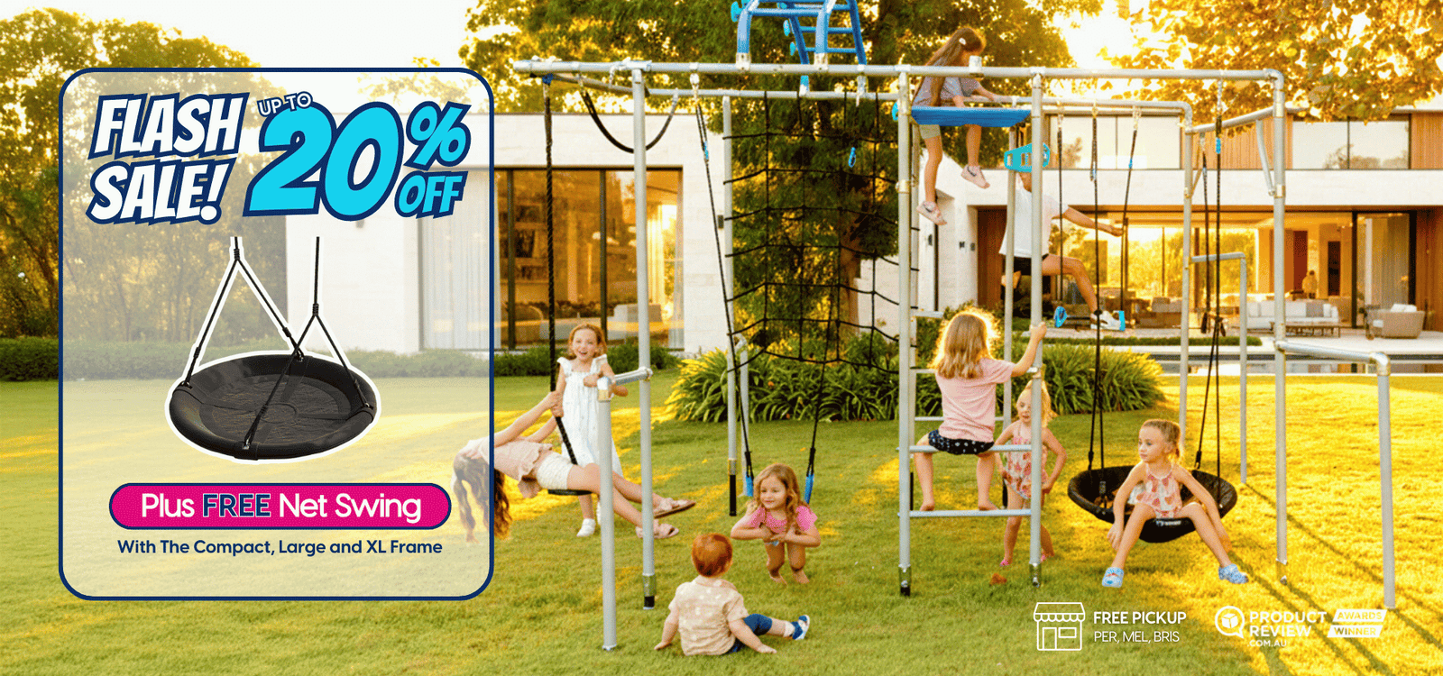 Children playing on a playground set with a promotional banner for a 20% off sale.
