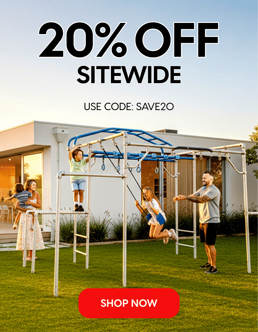Family playing on a playground set with a promotional message for 20% off sitewide.