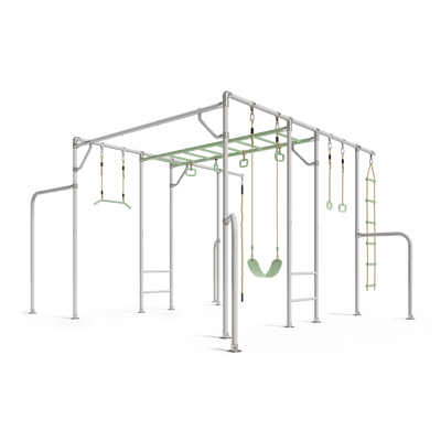 The XL in green with monkey bars, swing, trapeze, gym rings and rope ladder