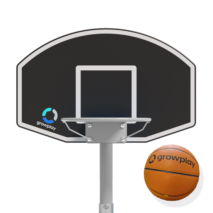 Mini basketball hoop set with black backboard and orange basketball on a white background