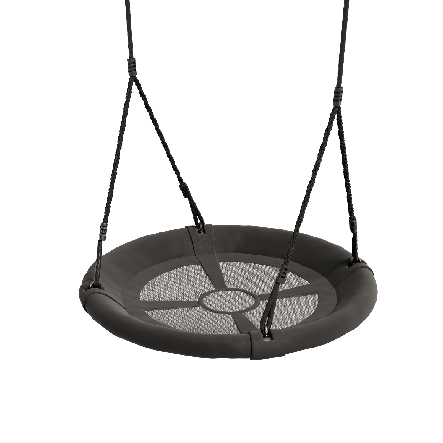 A round, black net swing with a metal frame, suspended by ropes, designed for outdoor play.
