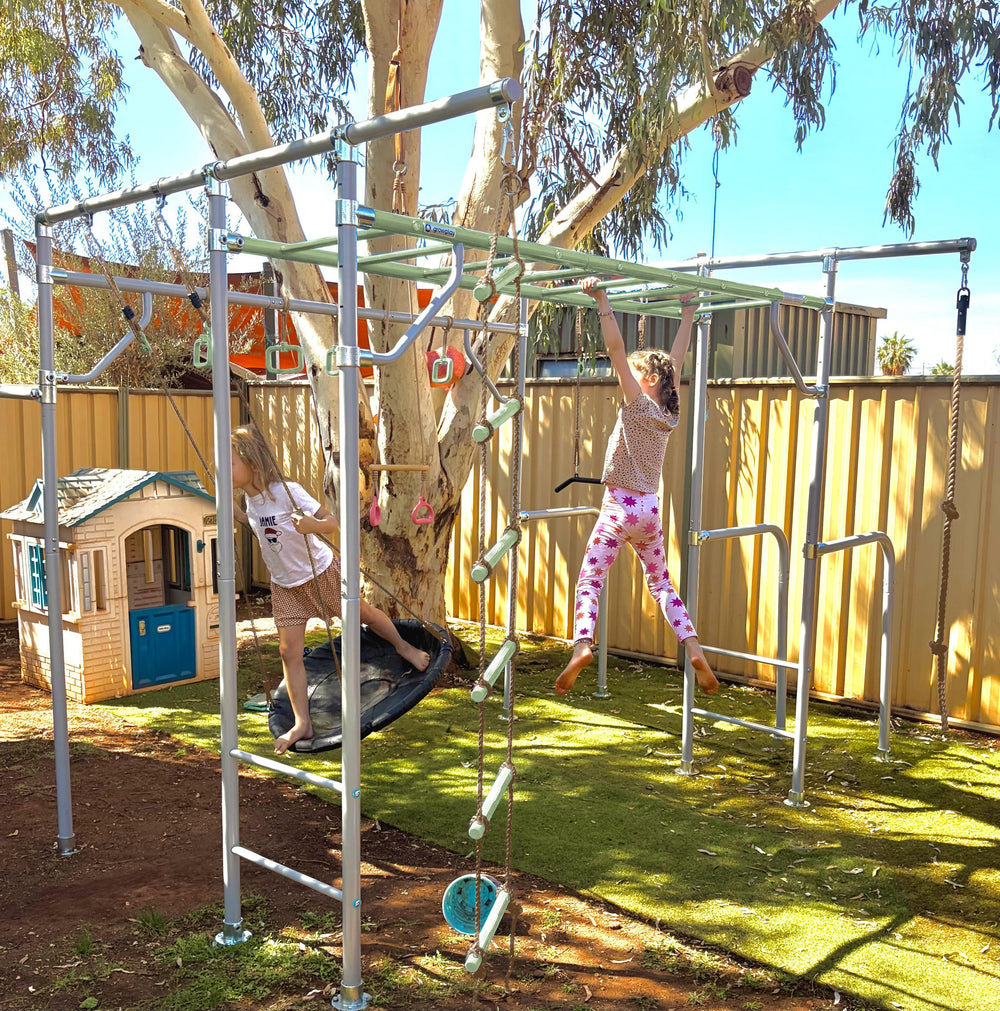 Durable green metal swing set frame for backyard play Australia