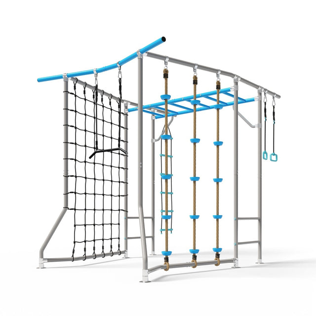 The Compact in blue with monkey bars, cargo net, trapeze, jungle ropes and gym rings